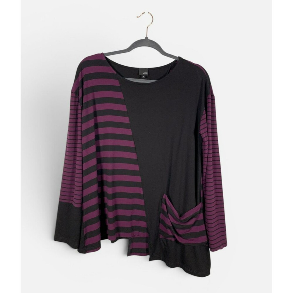 Lisa Bayne Purple Black Striped Asymmetrical Lagenlook Tunic Tee Top Sz Small